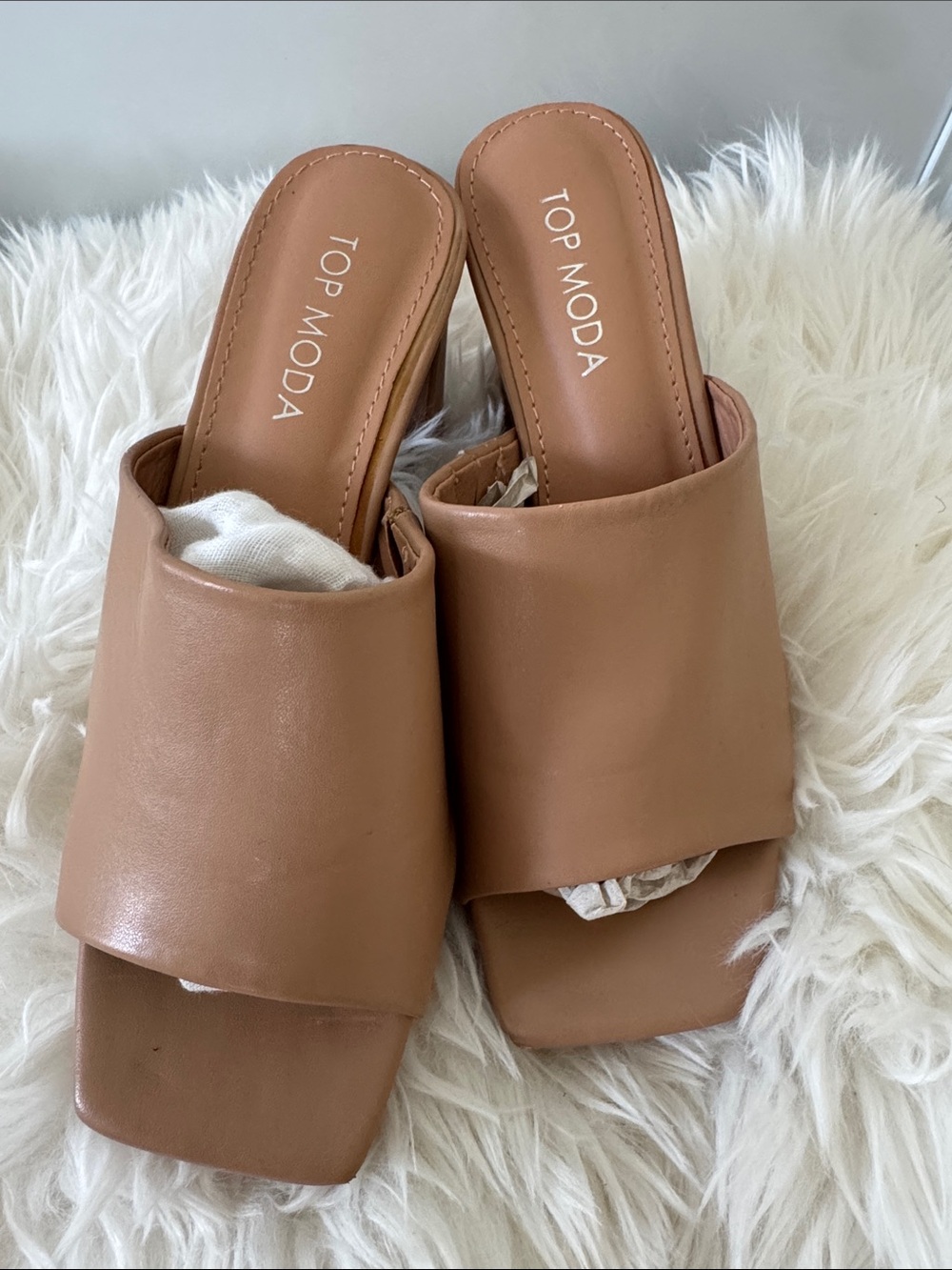 TOP Moda Tan Wide-Strap Slide Mules